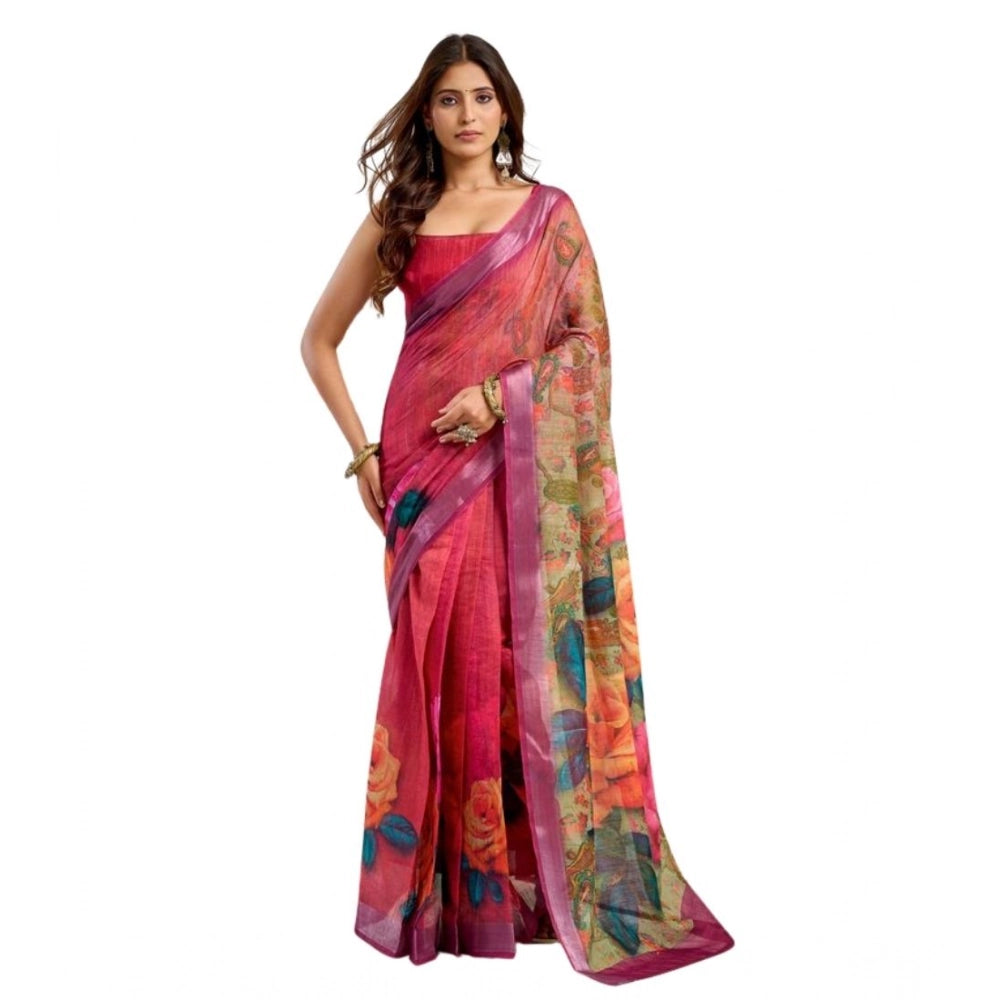 Sassy Women's Faux Linen Floral Print Ready to wear Saree With Blouse Piece