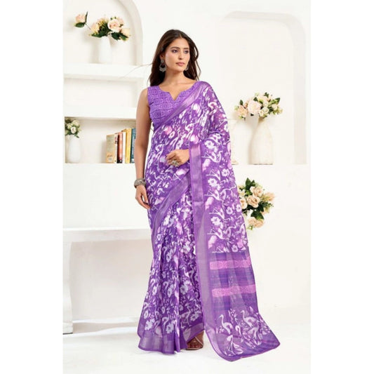 Sassy Women's Faux Linen Floral Print Ready to wear Saree With Blouse Piece