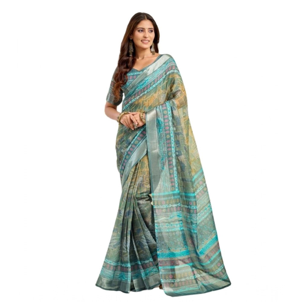 Sassy Women's Faux Linen Printed Ready to wear Saree With Blouse Piece