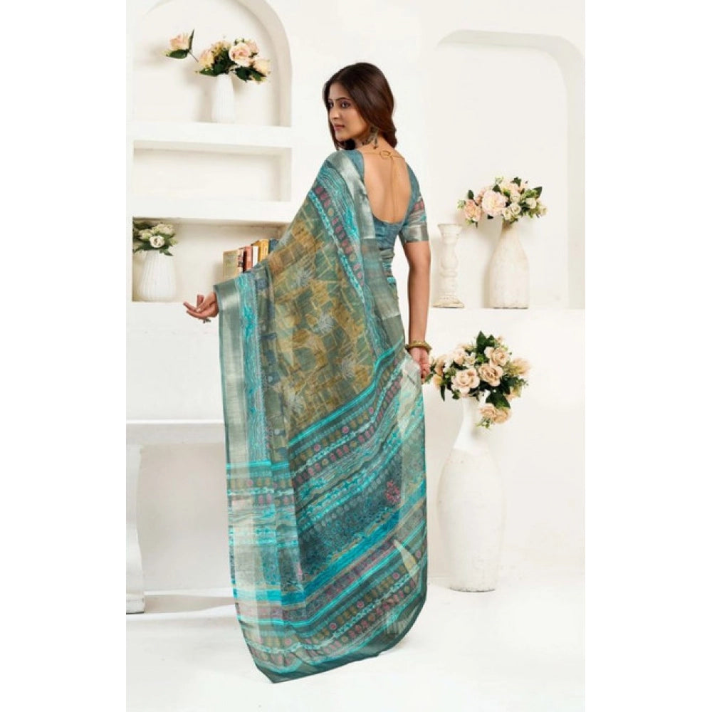 Sassy Women's Faux Linen Printed Ready to wear Saree With Blouse Piece