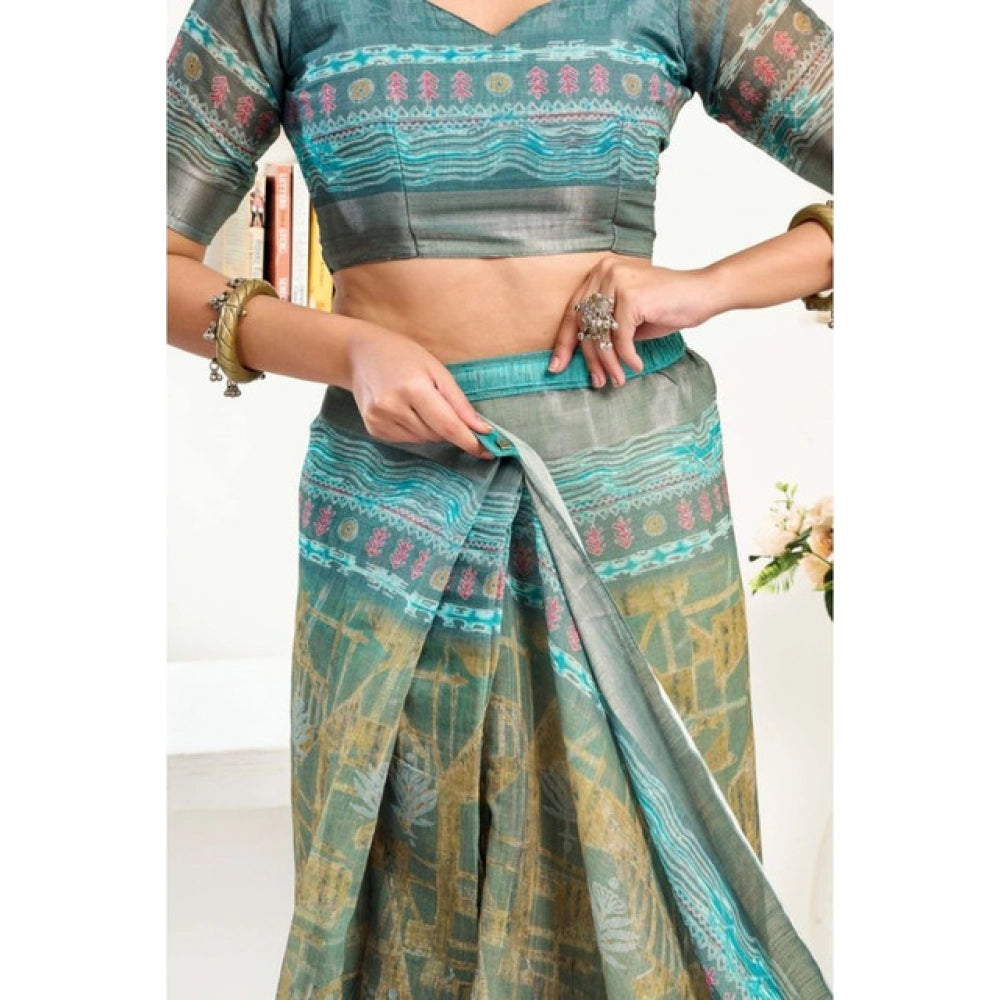 Sassy Women's Faux Linen Printed Ready to wear Saree With Blouse Piece