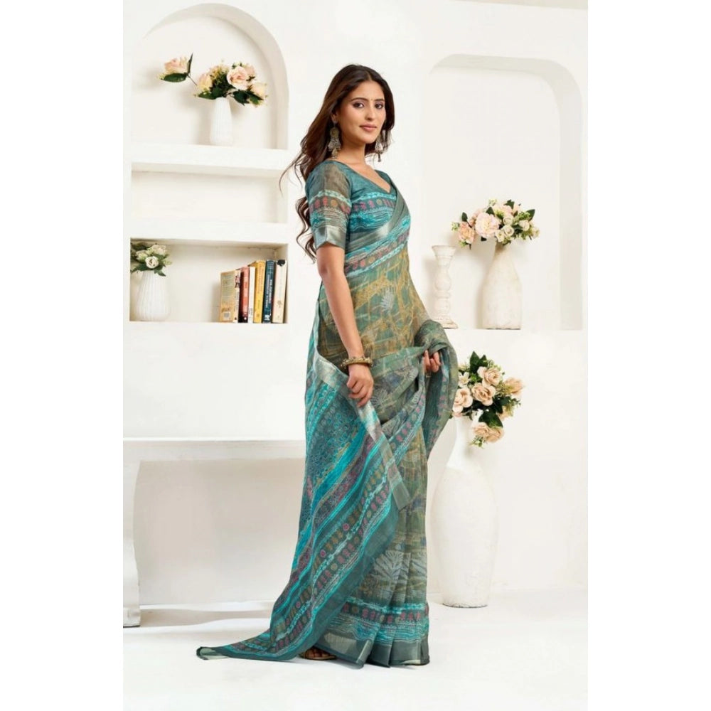 Sassy Women's Faux Linen Printed Ready to wear Saree With Blouse Piece