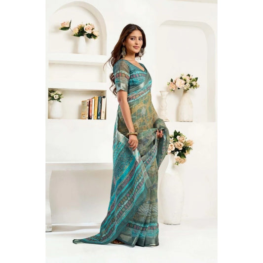 Sassy Women's Faux Linen Printed Ready to wear Saree With Blouse Piece