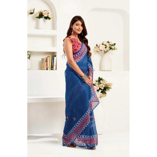 Sassy Women's Faux Linen Floral Print Ready to wear Saree With Blouse Piece