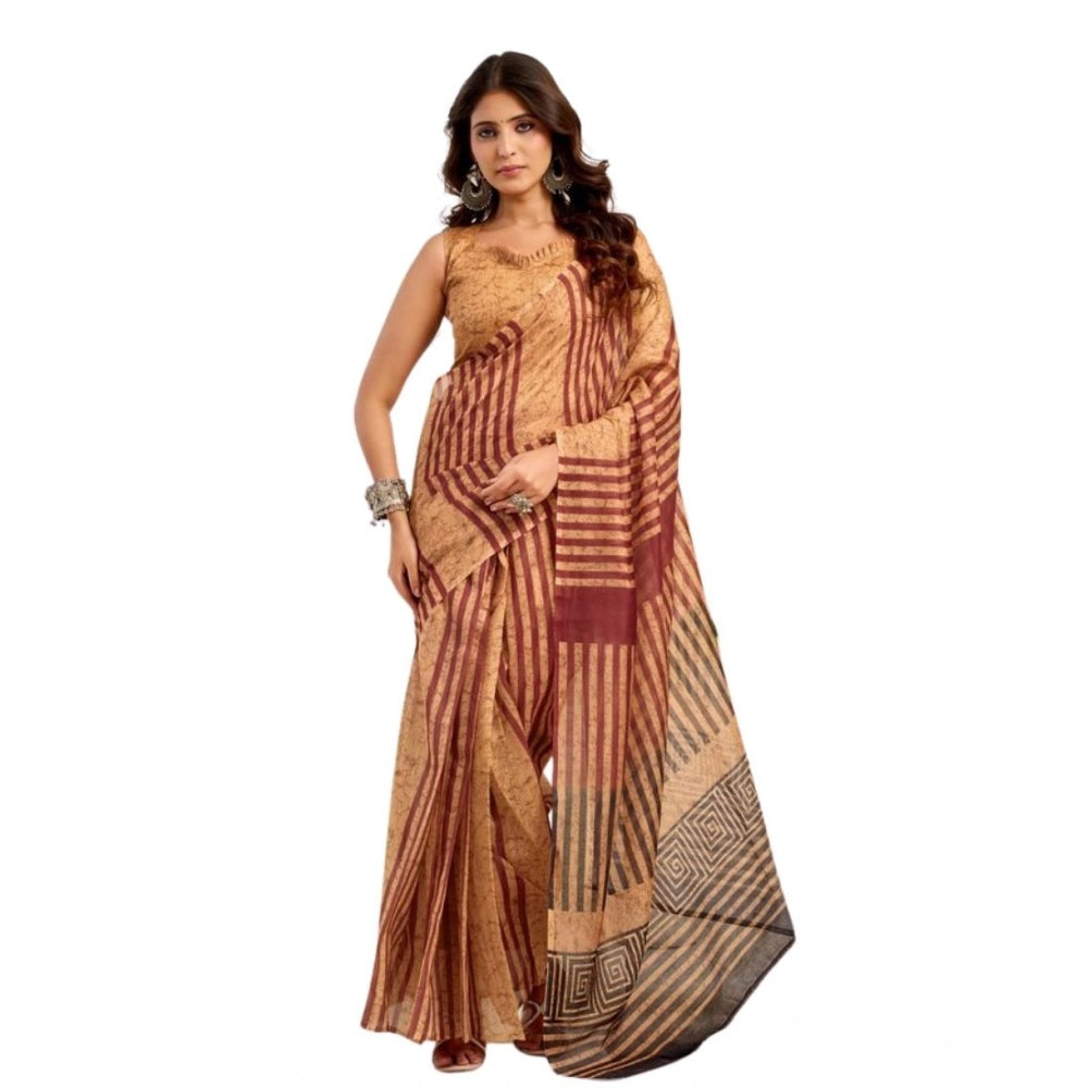 Sassy Women's Faux Linen Geometric Print Ready to wear Saree With Blouse Piece