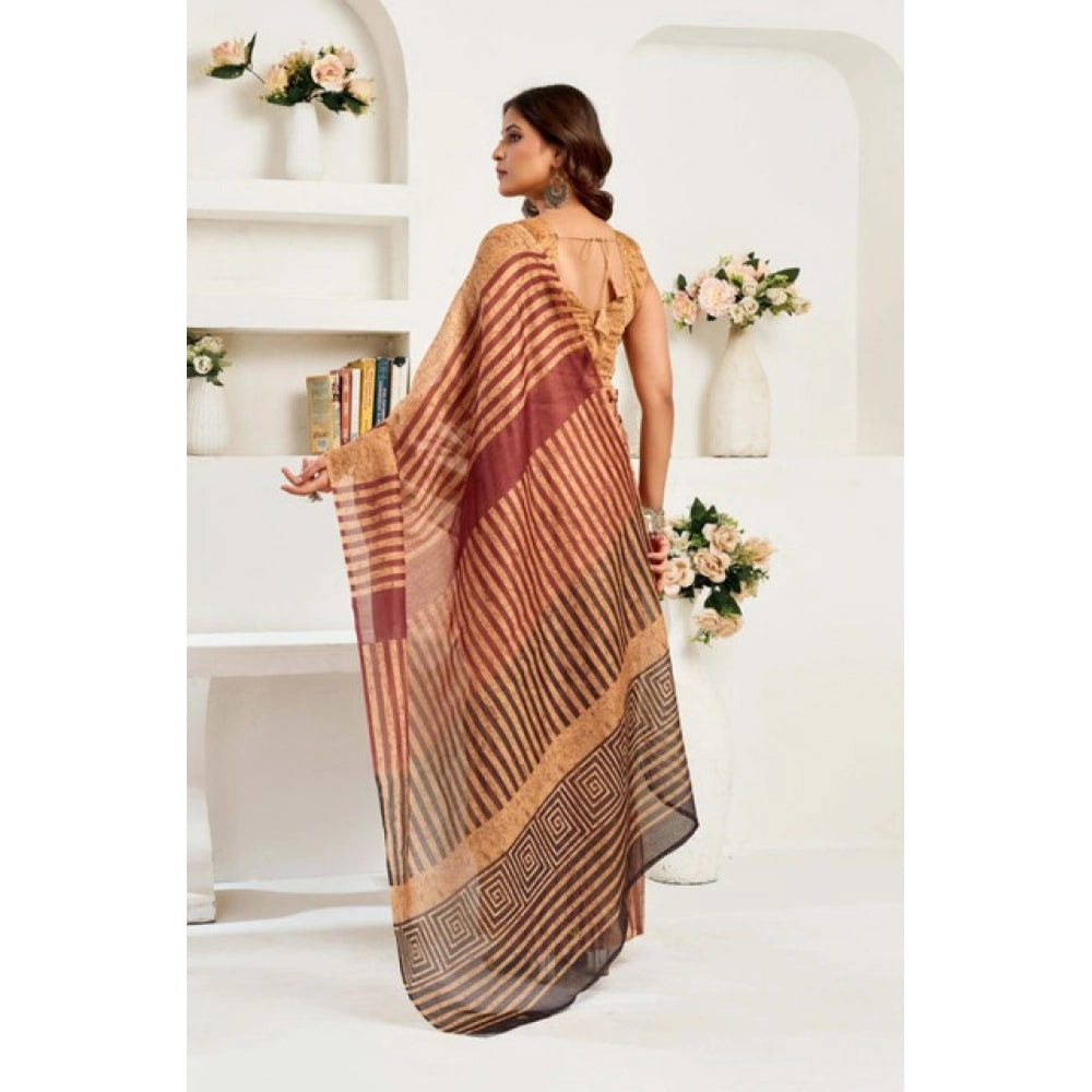 Sassy Women's Faux Linen Geometric Print Ready to wear Saree With Blouse Piece