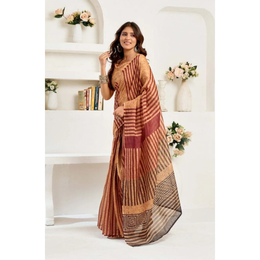 Sassy Women's Faux Linen Geometric Print Ready to wear Saree With Blouse Piece