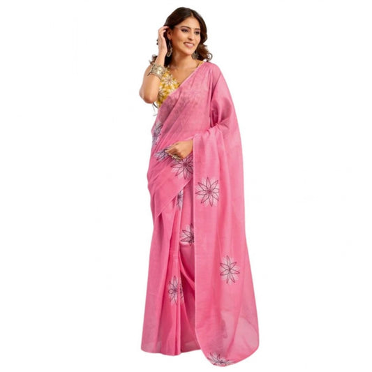Retro Women's Faux Linen Floral Print Ready to wear Saree With Blouse Piece