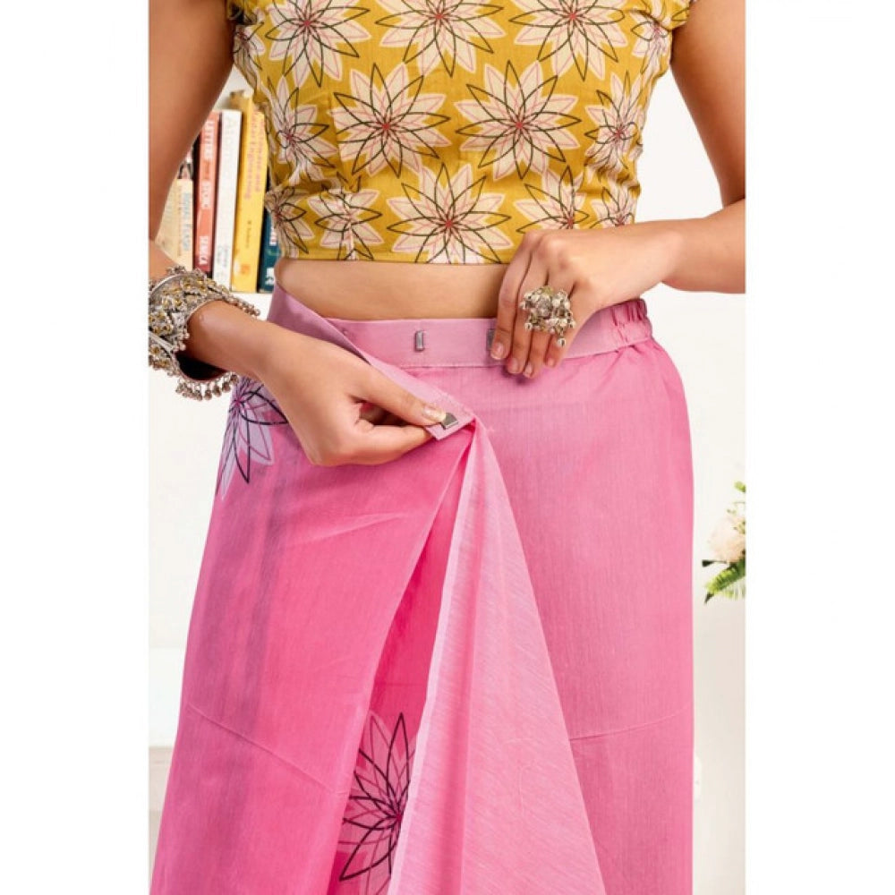 Retro Women's Faux Linen Floral Print Ready to wear Saree With Blouse Piece