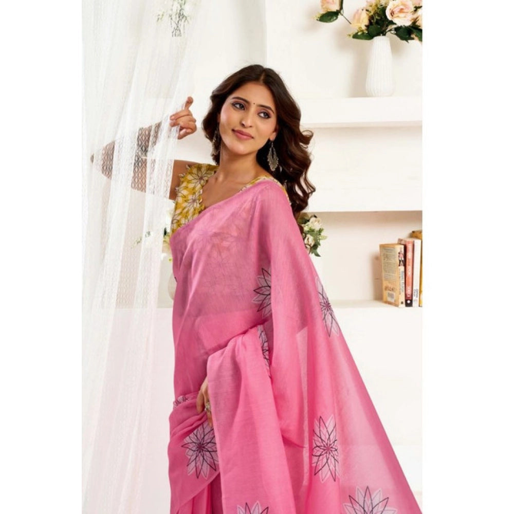 Retro Women's Faux Linen Floral Print Ready to wear Saree With Blouse Piece