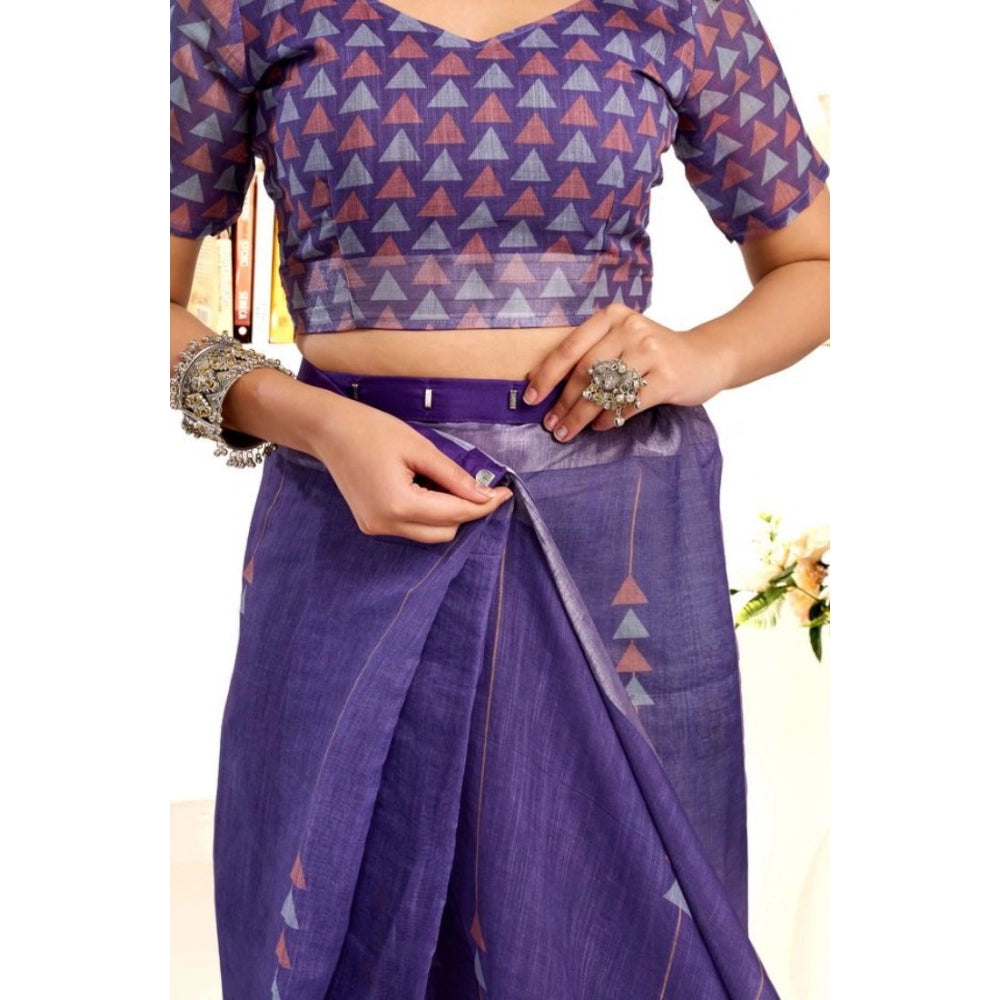 Retro Women's Faux Linen Geometric Print Ready to wear Saree With Blouse Piece