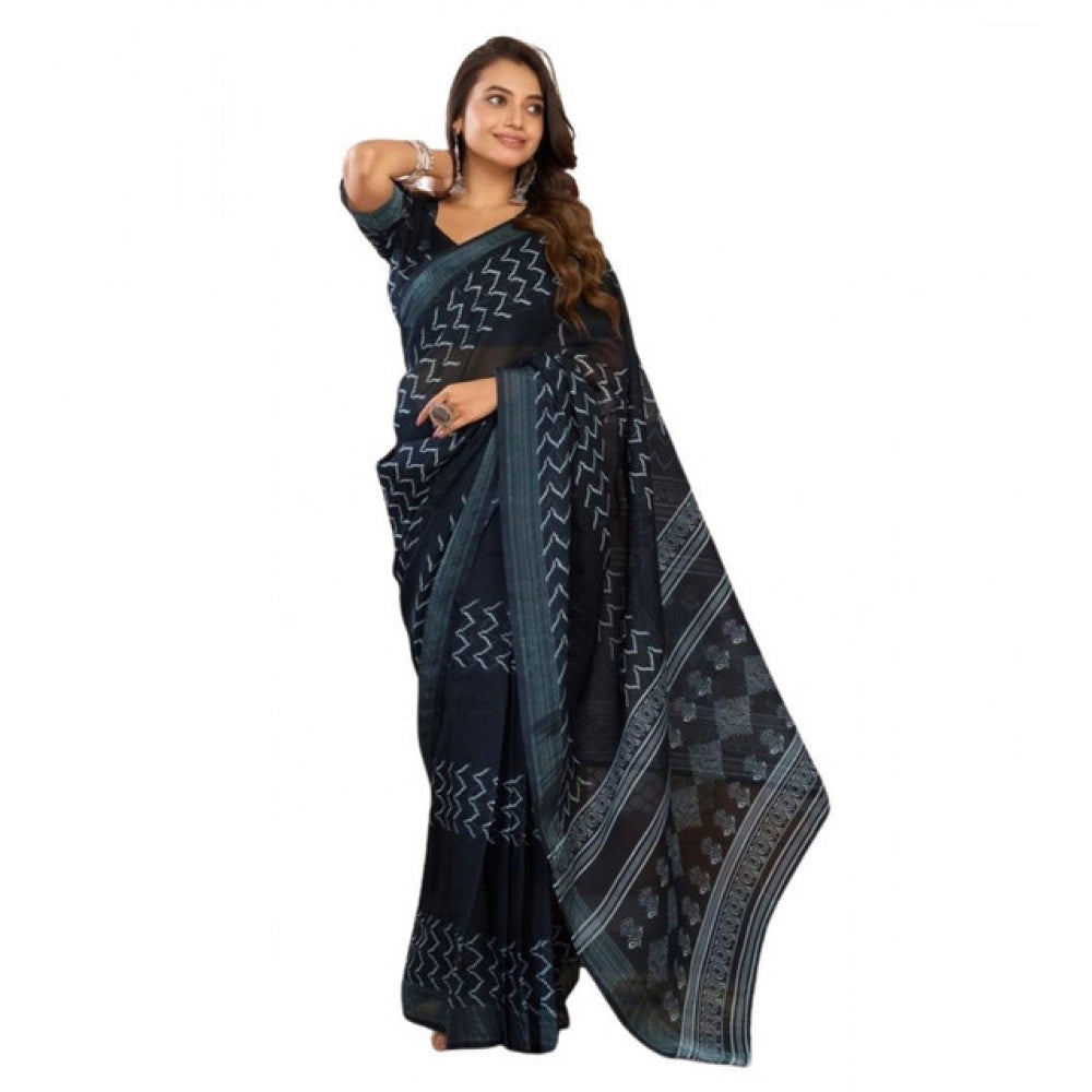 Retro Women's Faux Linen Geometric Print Ready to wear Saree With Blouse Piece