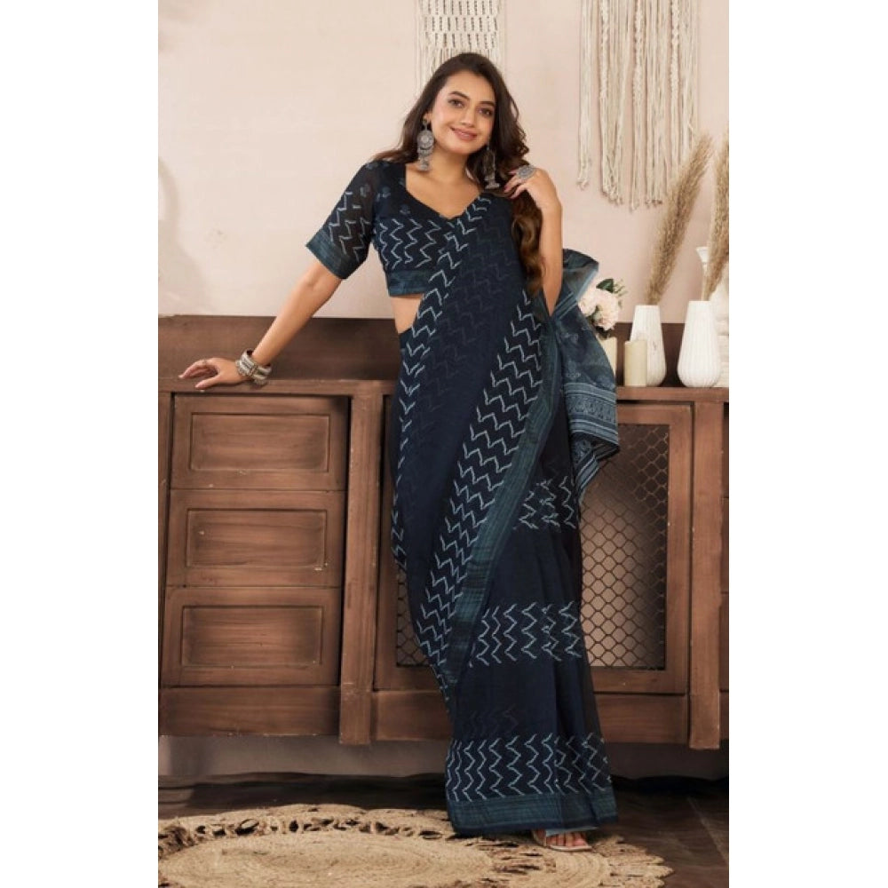 Retro Women's Faux Linen Geometric Print Ready to wear Saree With Blouse Piece