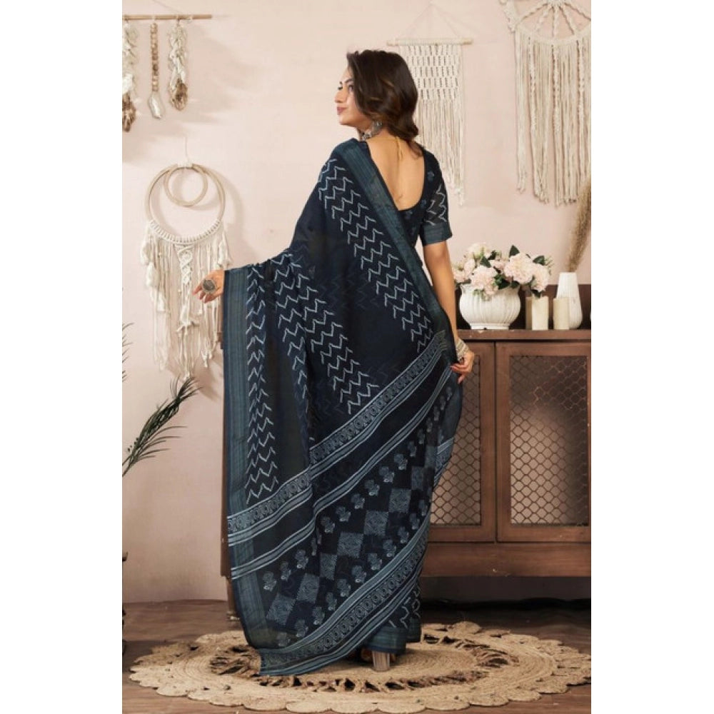 Retro Women's Faux Linen Geometric Print Ready to wear Saree With Blouse Piece