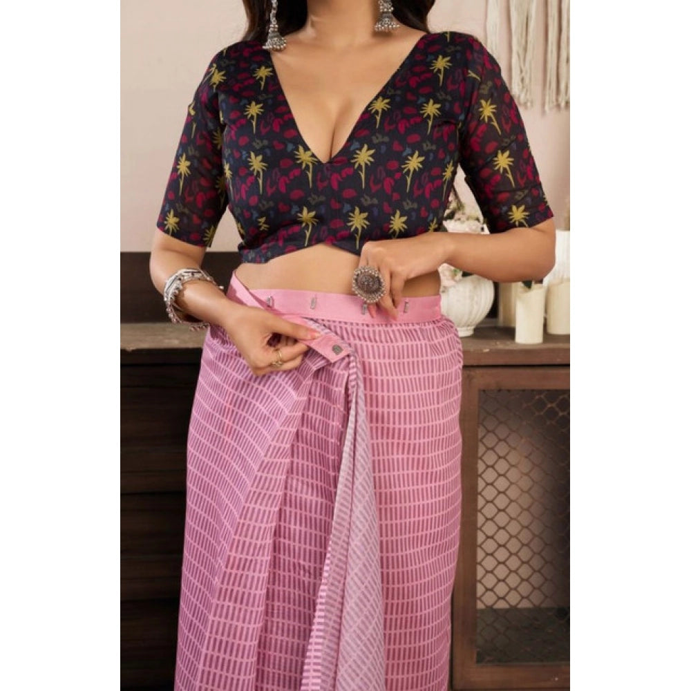 Retro Women's Faux Linen Geometric Ready to wear Saree With Blouse Piece