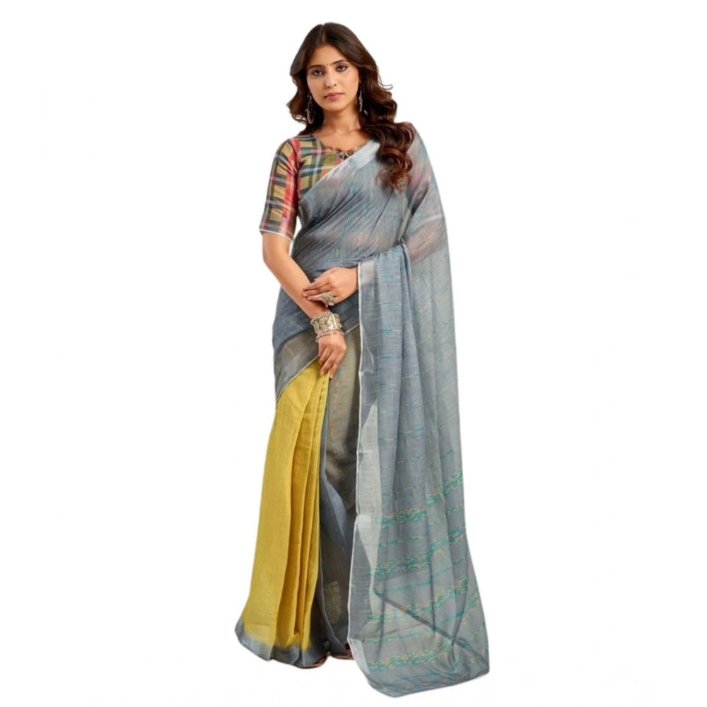 Retro Women's Faux Linen Geometric Ready to wear Saree With Blouse Piece