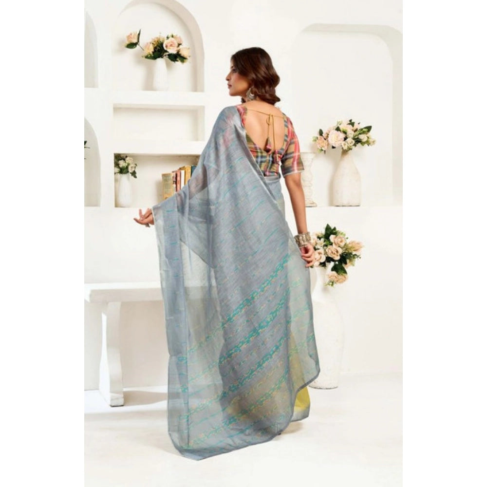 Retro Women's Faux Linen Geometric Ready to wear Saree With Blouse Piece