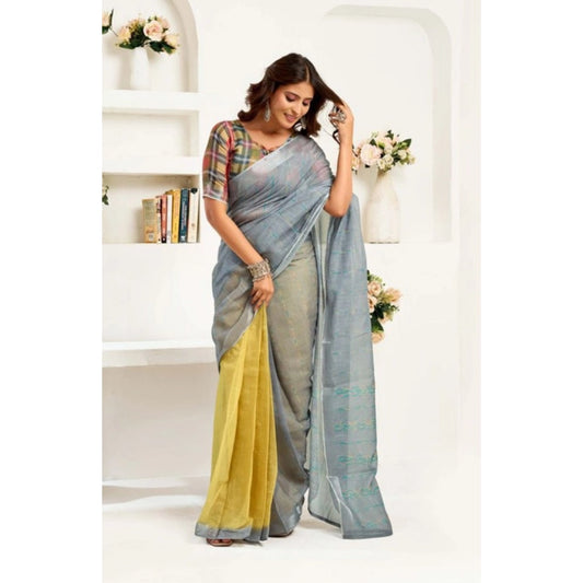 Retro Women's Faux Linen Geometric Ready to wear Saree With Blouse Piece