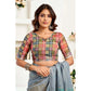 Retro Women's Faux Linen Geometric Ready to wear Saree With Blouse Piece