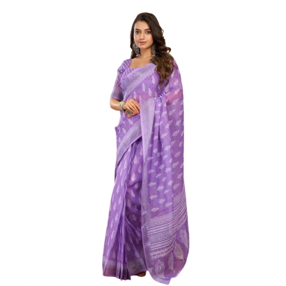 Retro Women's Faux Linen Floral Ready to wear Saree With Blouse Piece