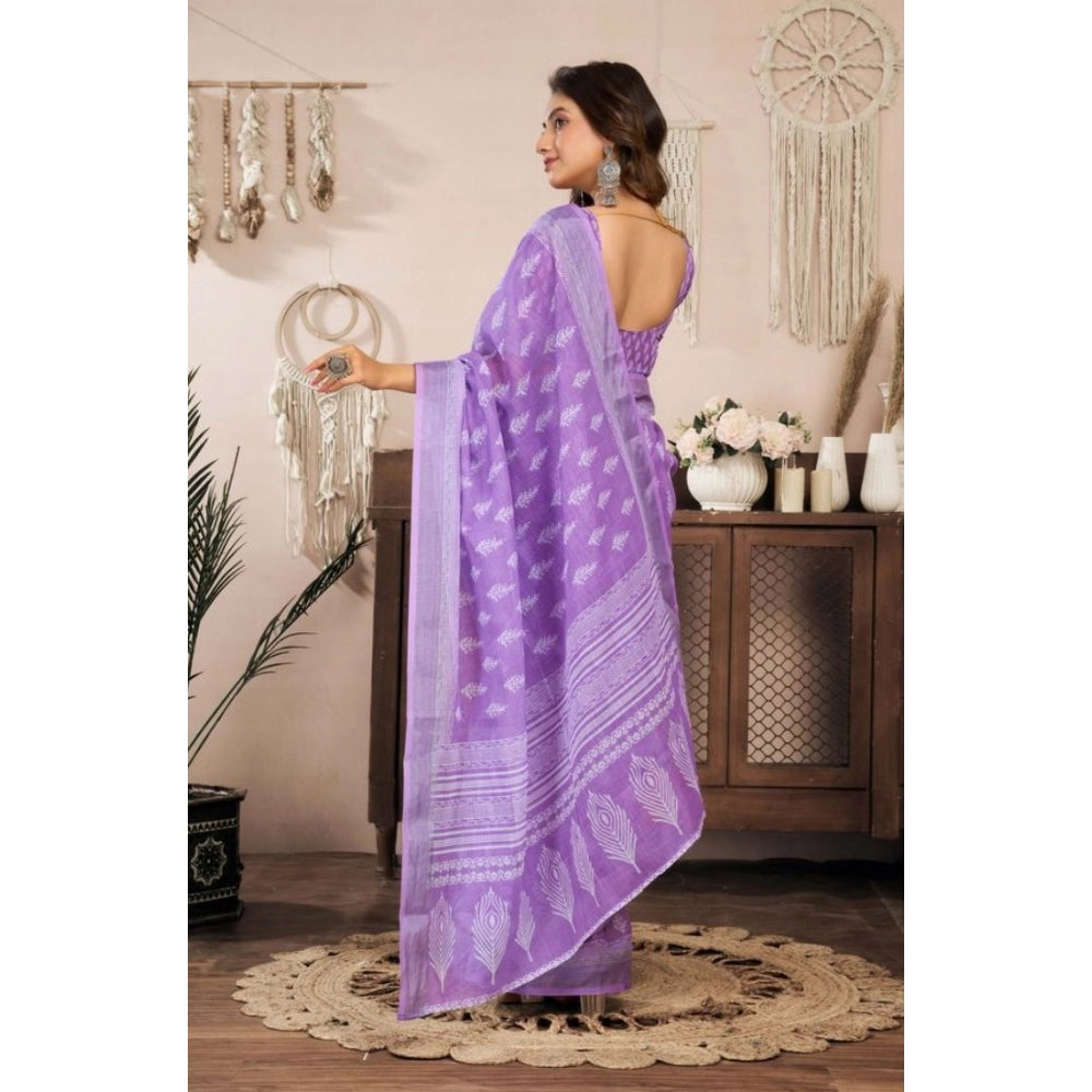 Retro Women's Faux Linen Floral Ready to wear Saree With Blouse Piece