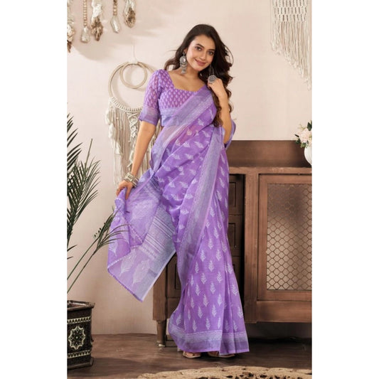 Retro Women's Faux Linen Floral Ready to wear Saree With Blouse Piece
