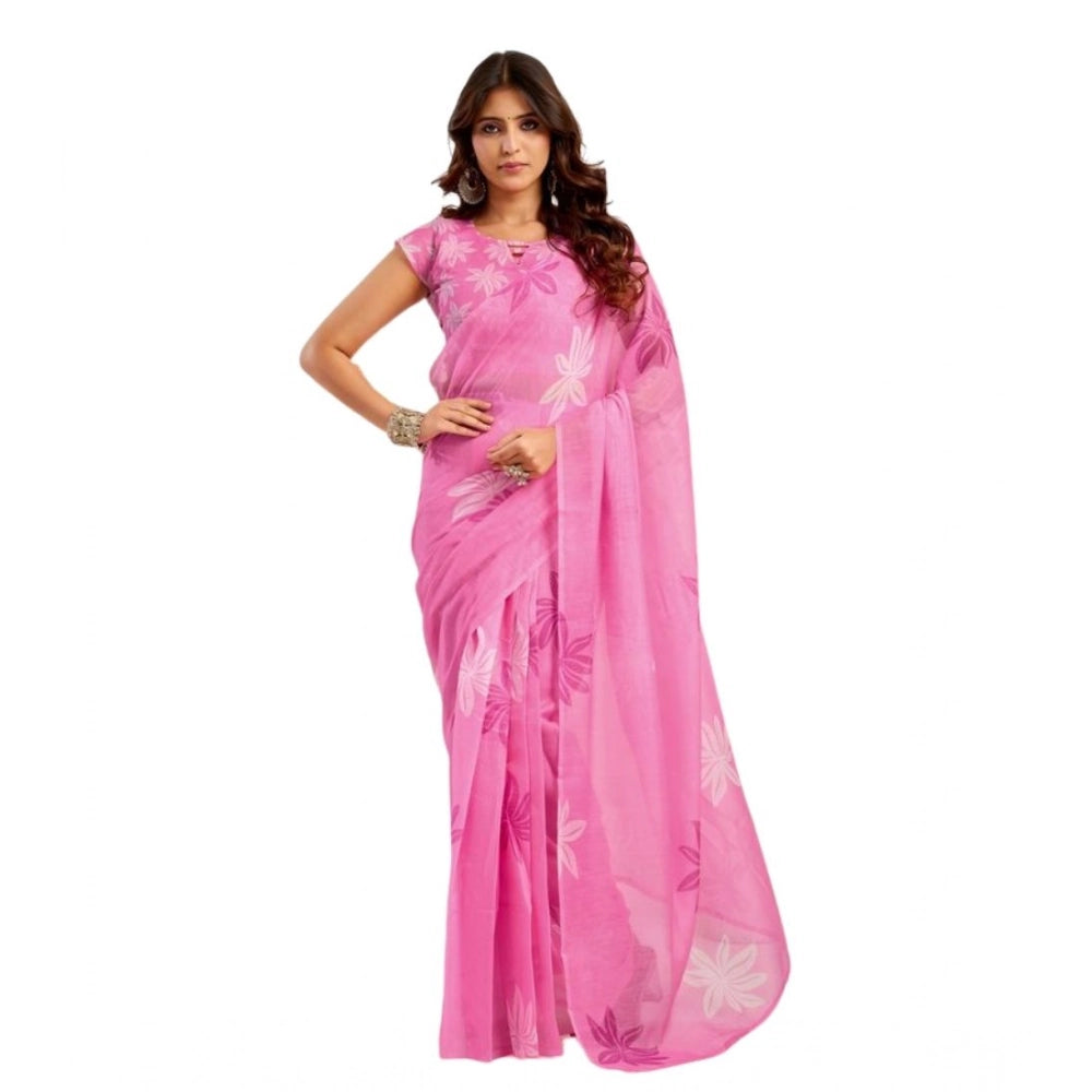 Retro Women's Faux Linen Floral Ready to wear Saree With Blouse Piece