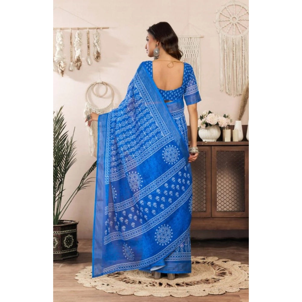 Retro Women's Faux Linen Geometric Print Ready to wear Saree With Blouse Piece