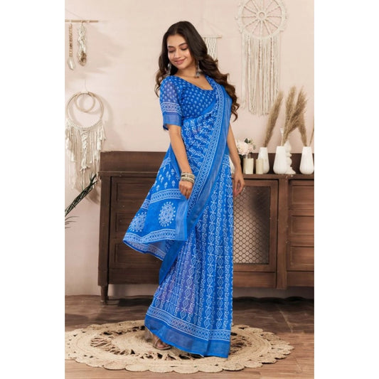 Retro Women's Faux Linen Geometric Print Ready to wear Saree With Blouse Piece