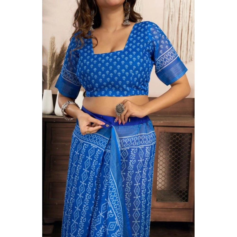 Retro Women's Faux Linen Geometric Print Ready to wear Saree With Blouse Piece