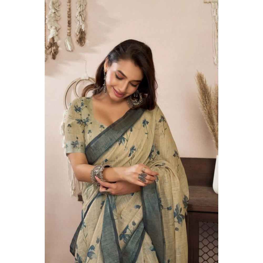 Retro Women's Faux Linen Floral Print Ready to wear Saree With Blouse Piece