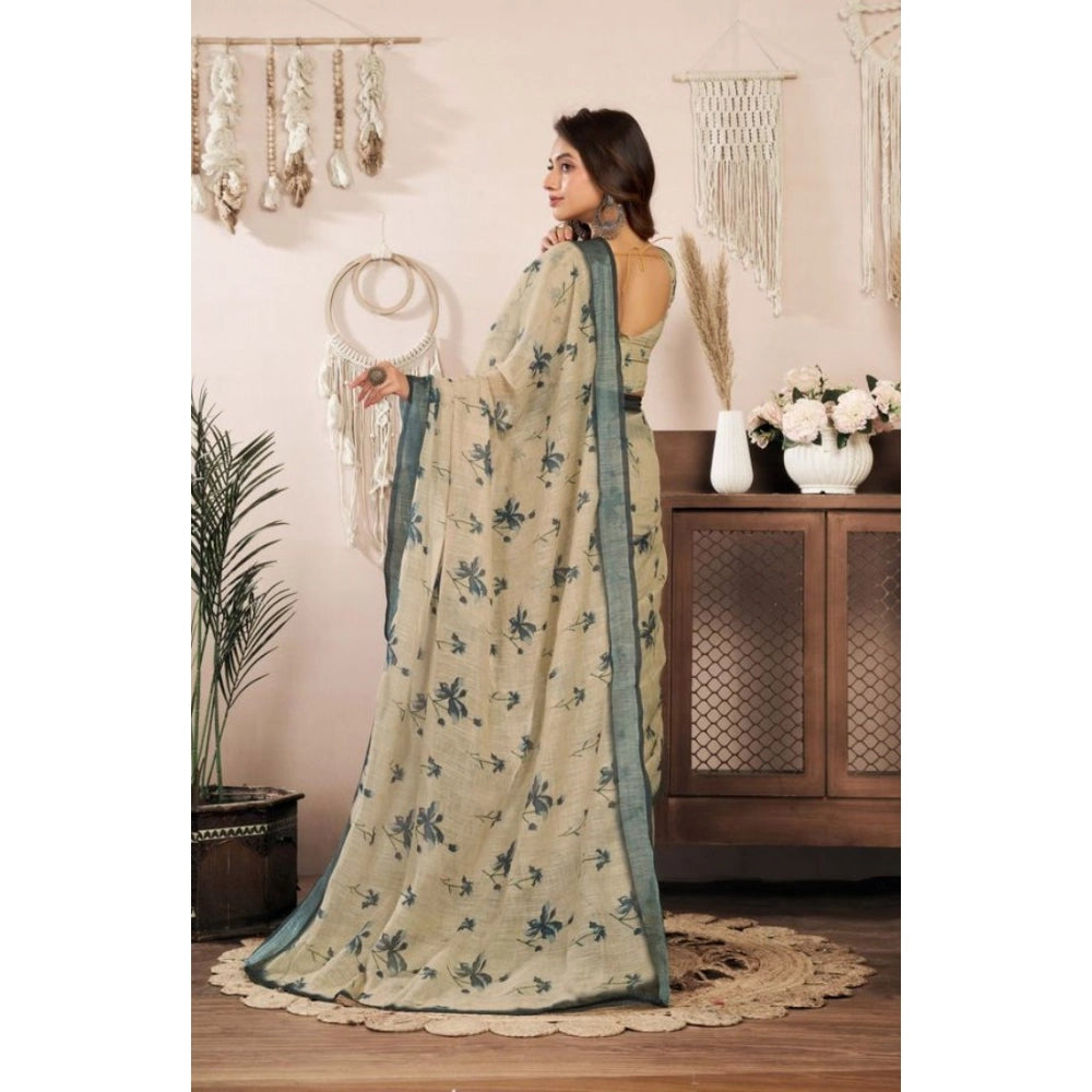 Retro Women's Faux Linen Floral Print Ready to wear Saree With Blouse Piece