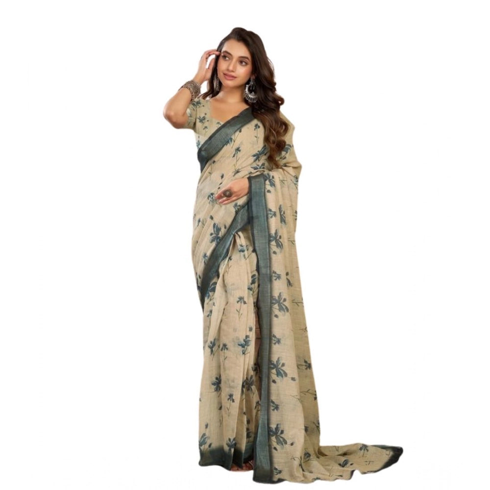 Retro Women's Faux Linen Floral Print Ready to wear Saree With Blouse Piece
