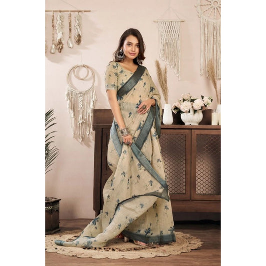 Retro Women's Faux Linen Floral Print Ready to wear Saree With Blouse Piece