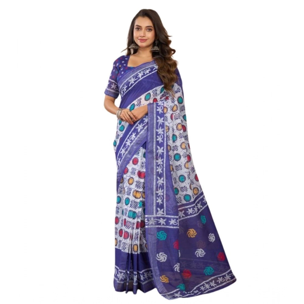 Retro Women's Faux Linen Geometric Print Ready to wear Saree With Blouse Piece