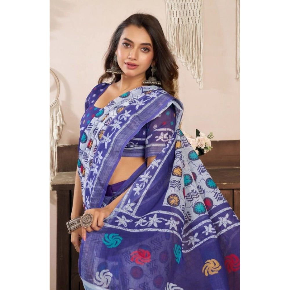 Retro Women's Faux Linen Geometric Print Ready to wear Saree With Blouse Piece