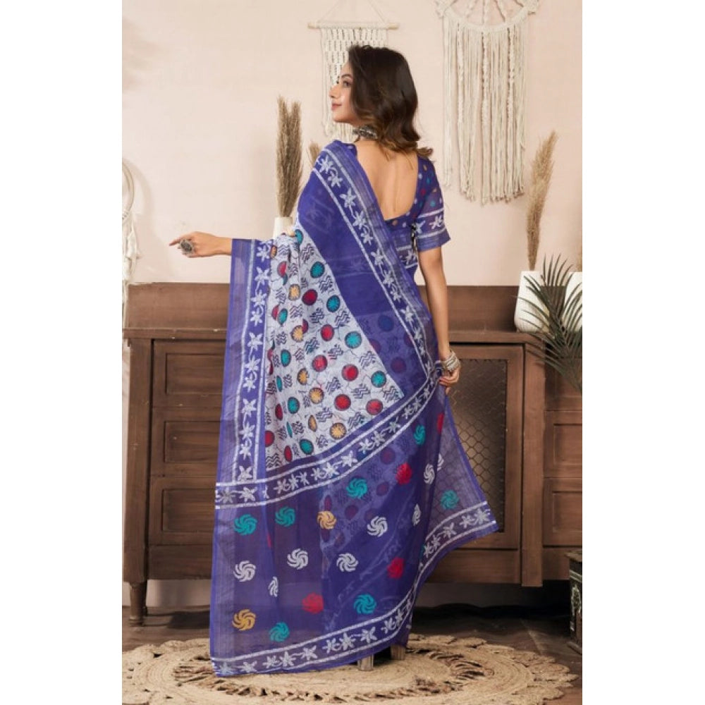 Retro Women's Faux Linen Geometric Print Ready to wear Saree With Blouse Piece