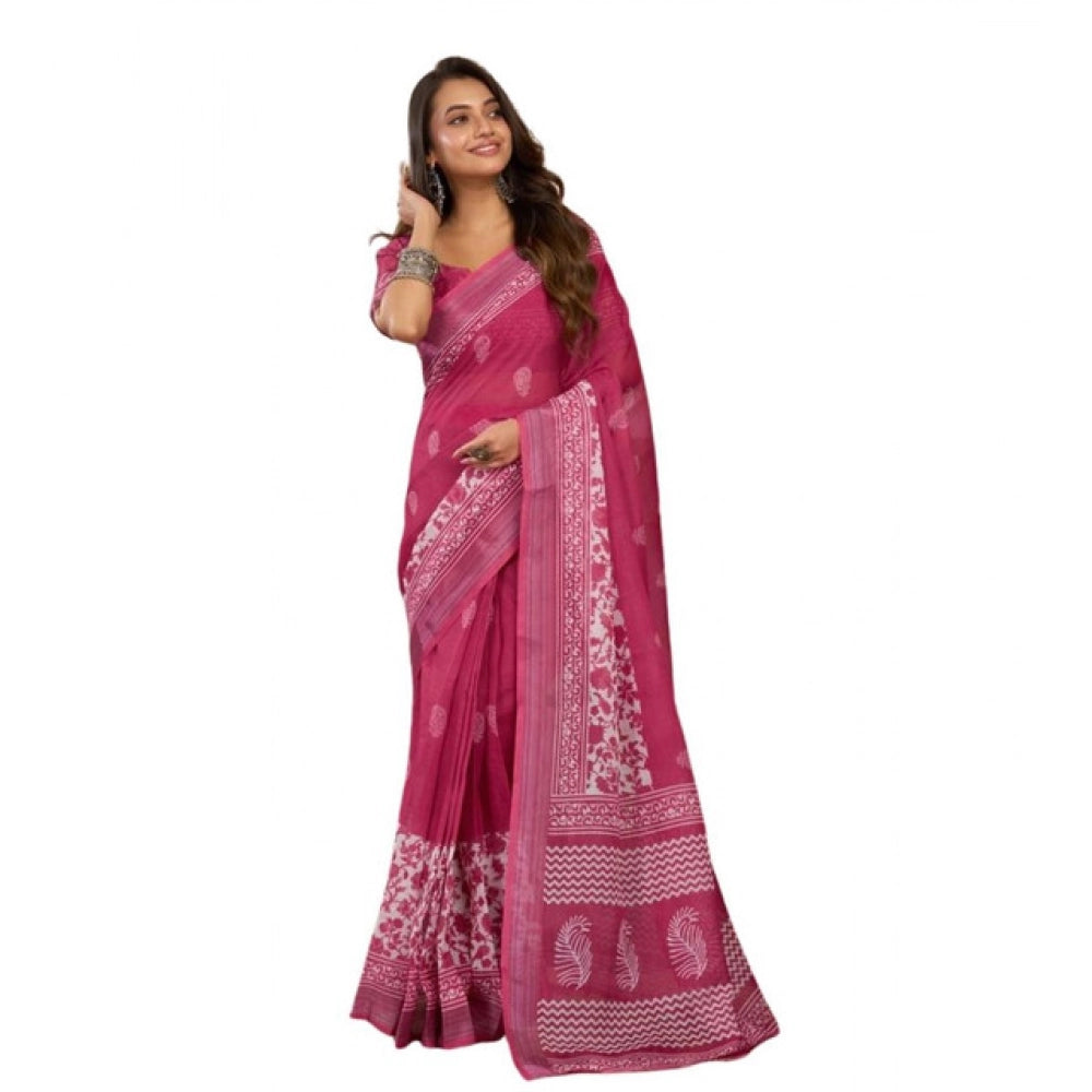 Retro Women's Faux Linen Floral Print Ready to wear Saree With Blouse Piece