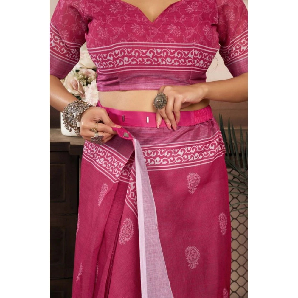 Retro Women's Faux Linen Floral Print Ready to wear Saree With Blouse Piece