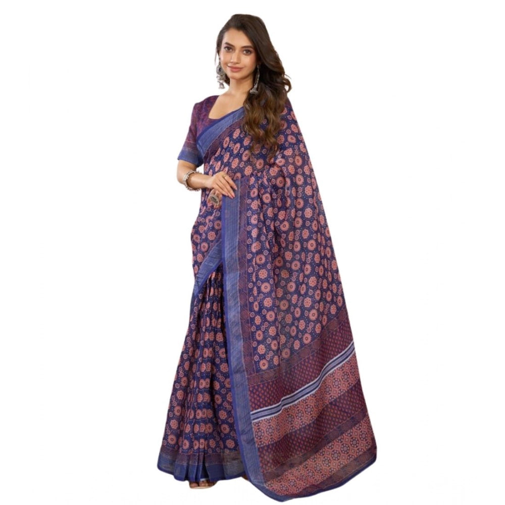 Retro Women's Faux Linen Floral Print Ready to wear Saree With Blouse Piece