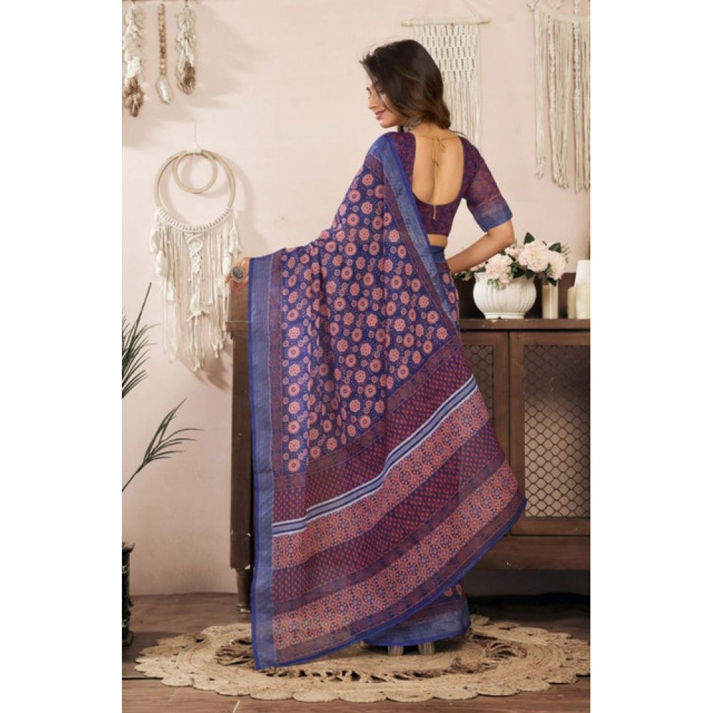 Retro Women's Faux Linen Floral Print Ready to wear Saree With Blouse Piece