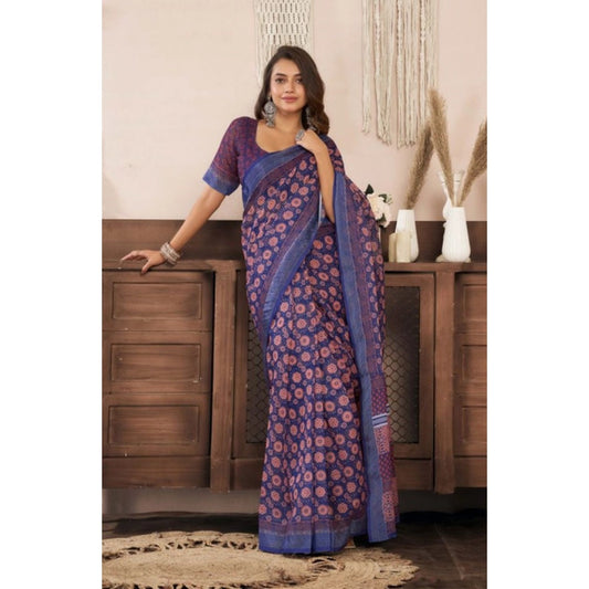 Retro Women's Faux Linen Floral Print Ready to wear Saree With Blouse Piece