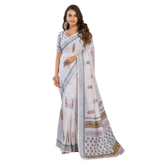 Retro Women's Faux Linen Floral Print Ready to wear Saree With Blouse Piece