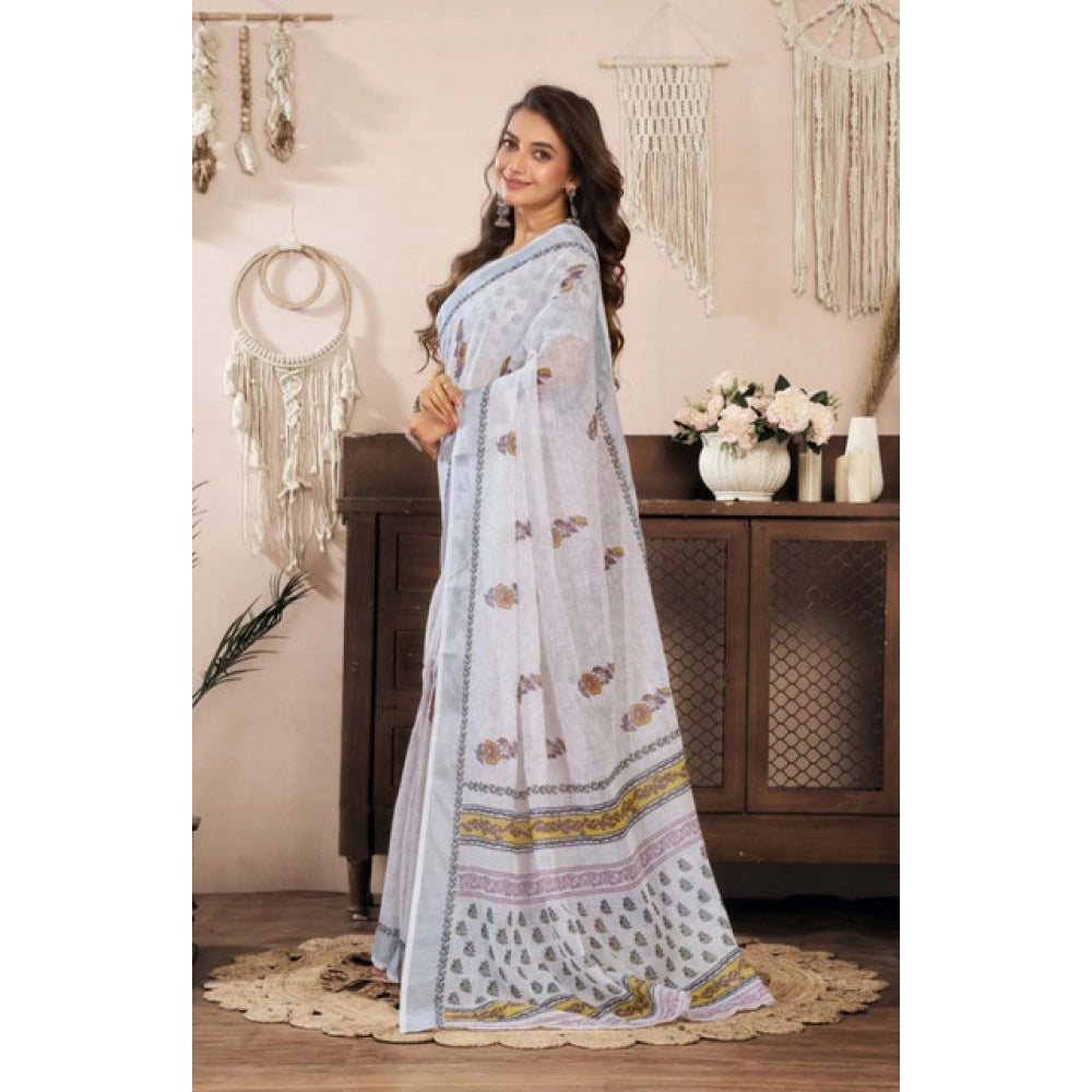 Retro Women's Faux Linen Floral Print Ready to wear Saree With Blouse Piece
