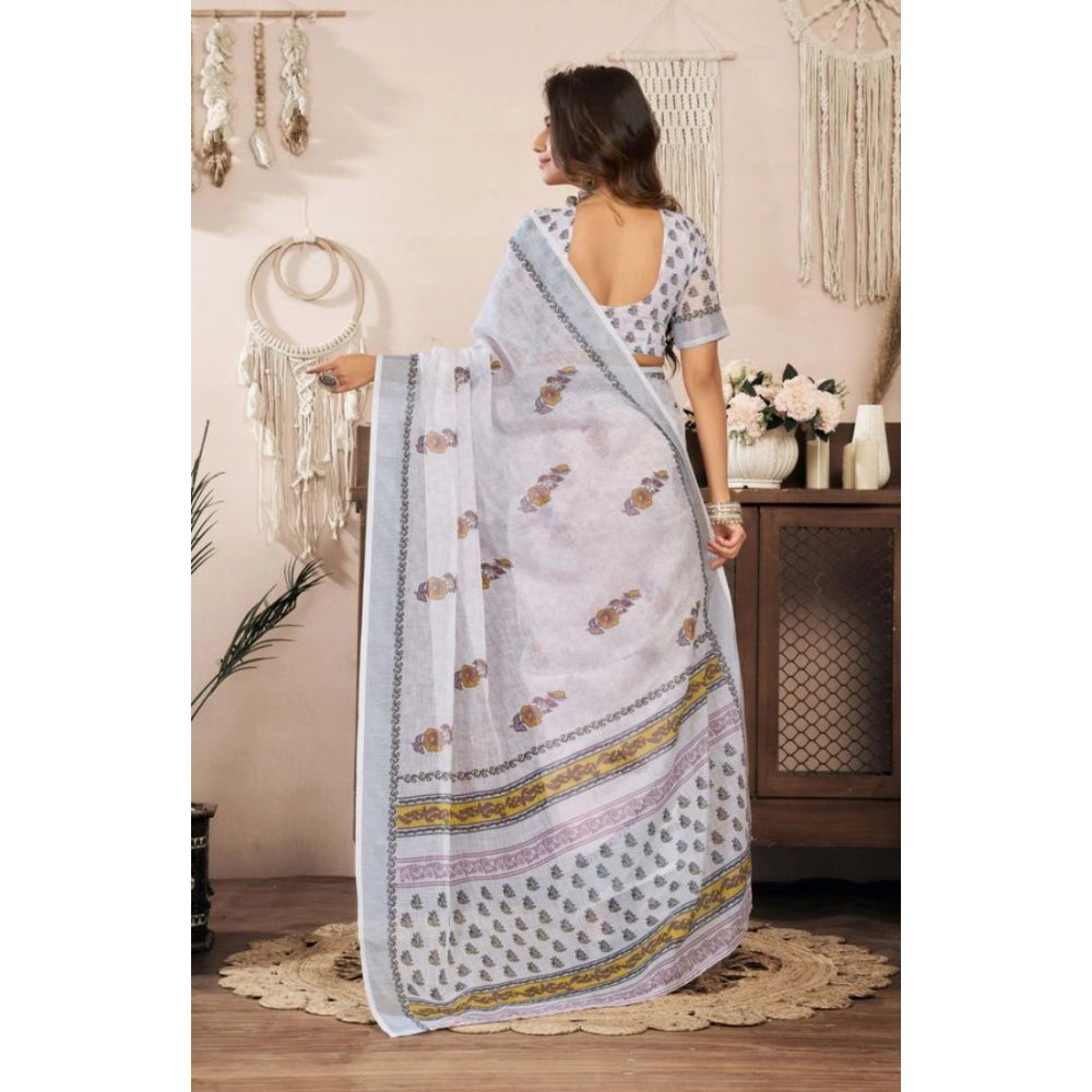 Retro Women's Faux Linen Floral Print Ready to wear Saree With Blouse Piece