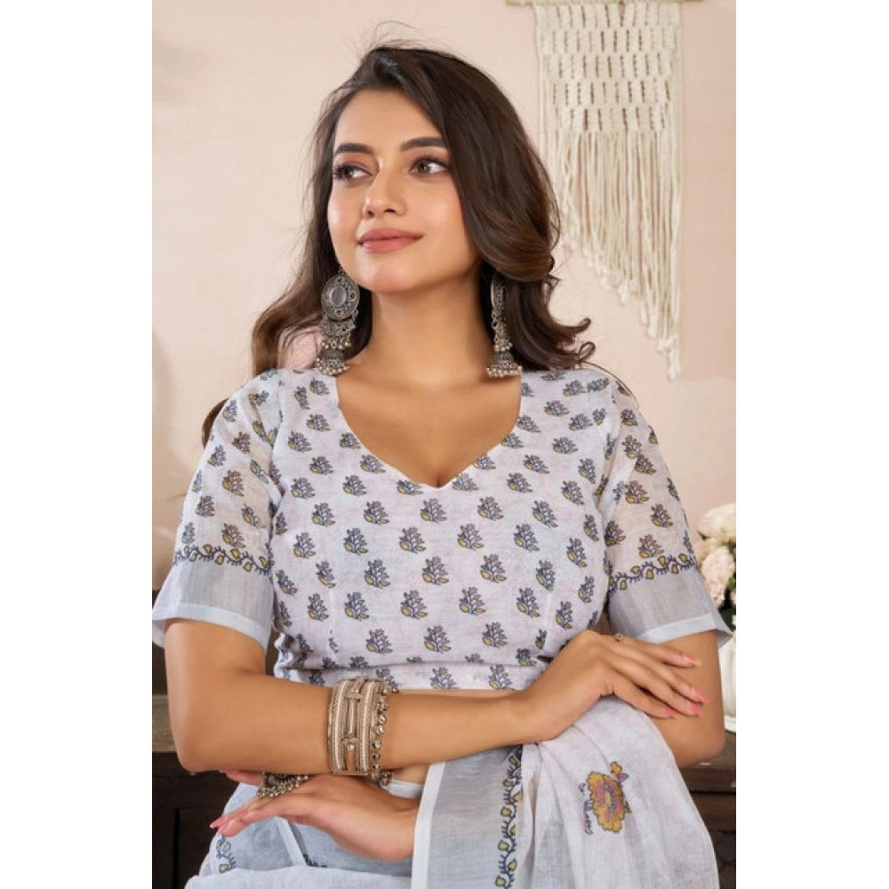 Retro Women's Faux Linen Floral Print Ready to wear Saree With Blouse Piece