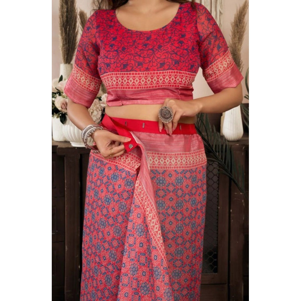 Retro Women's Faux Linen Geometric Print Ready to wear Saree With Blouse Piece