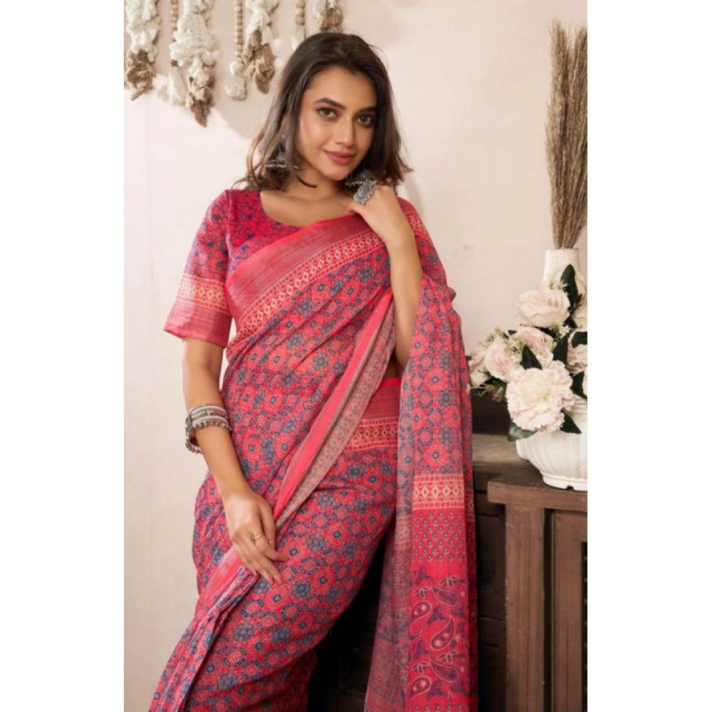 Retro Women's Faux Linen Geometric Print Ready to wear Saree With Blouse Piece