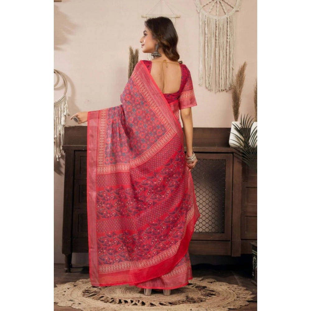 Retro Women's Faux Linen Geometric Print Ready to wear Saree With Blouse Piece
