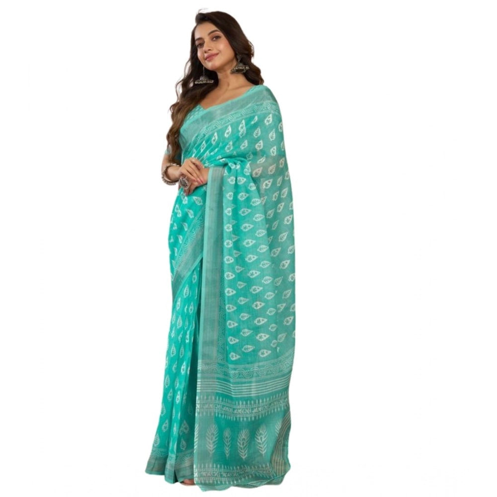 Retro Women's Faux Linen Leaf Print Ready to wear Saree With Blouse Piece